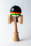 Sweets Kendama Triple Stripe Legend Sticky Clear with vibrant black and colored stripes, featuring full beech construction.