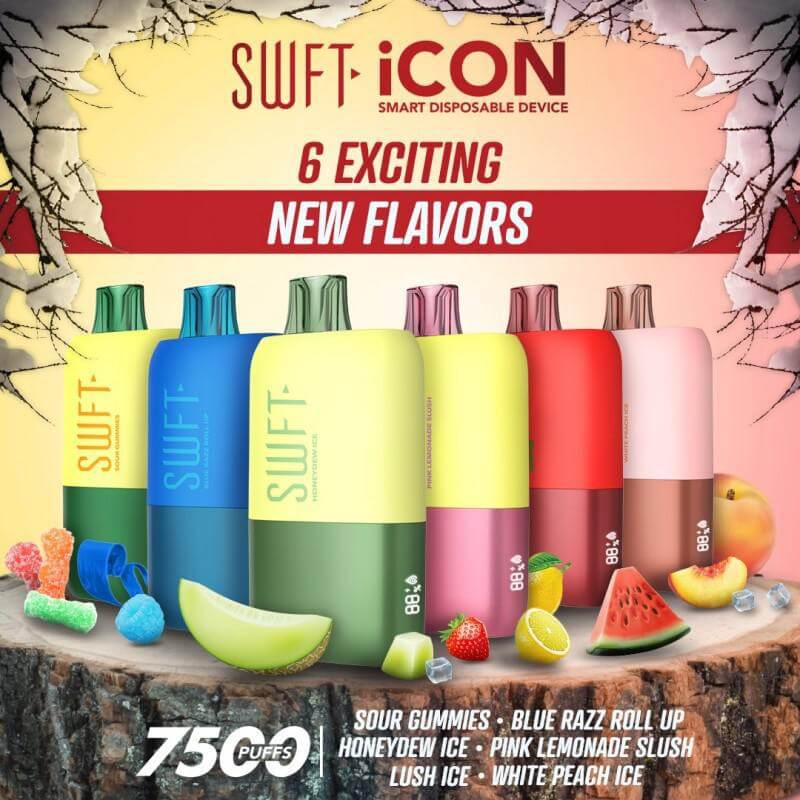 SWFT Icon Disposable Vape featuring 6 new flavors: Sour Gummies, Blue Razz Roll Up, and Honeydew Ice.
