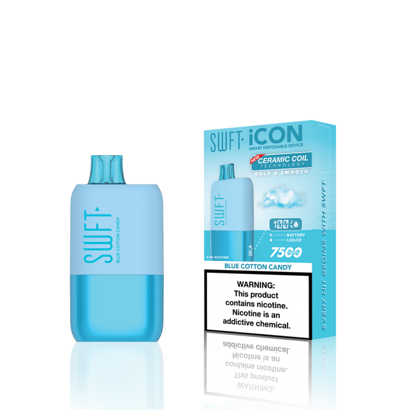 SWFT Icon 7k Disposable Vape in Blue Cotton Candy flavor, featuring a sleek design and warning label.