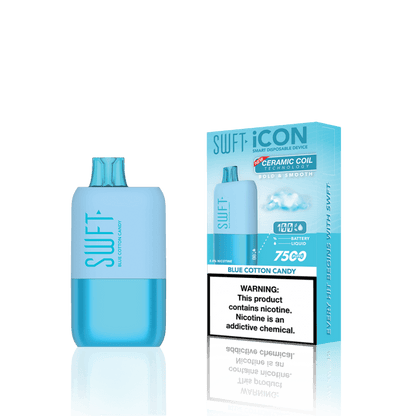 SWFT Icon 7k Disposable Vape in Blue Cotton Candy flavor, featuring a sleek design and warning label.