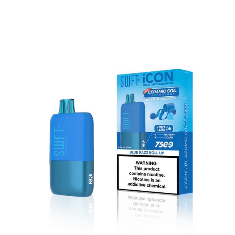 SWFT Icon 7k Disposable Vape in Blue Razz Roll Up flavor with ceramic coil design for smooth vaping.
