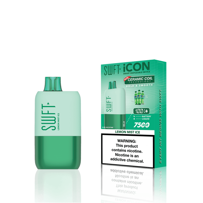 SWFT Icon 7k Disposable Vape in Lemon Mist Ice flavor, featuring a rechargeable battery and ceramic coil.