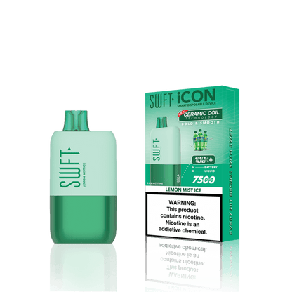 SWFT Icon 7k Disposable Vape in Lemon Mist Ice flavor, featuring a rechargeable battery and ceramic coil.