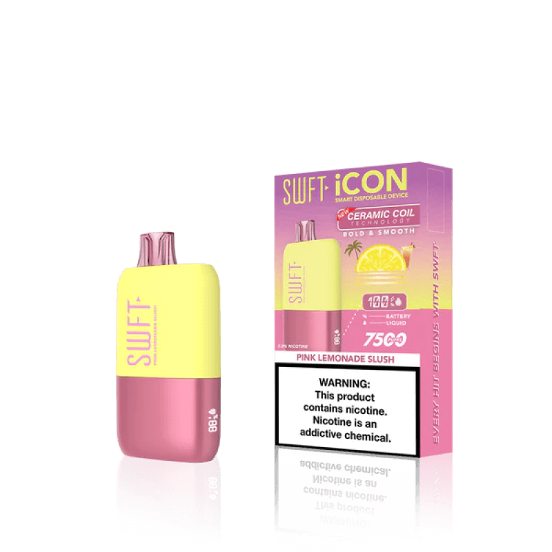 SWFT Icon 7k Disposable Vape in Pink Lemonade Slush flavor with vibrant yellow and pink design.