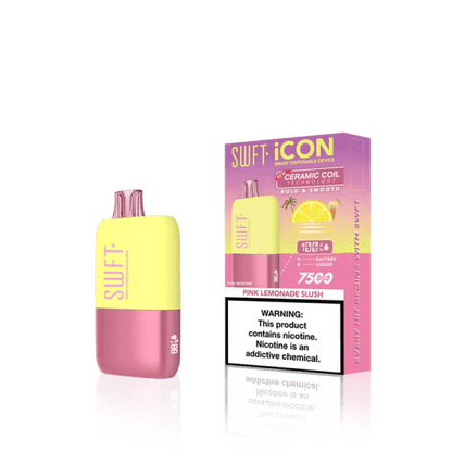 SWFT Icon 7k Disposable Vape in Pink Lemonade Slush flavor with vibrant yellow and pink design.