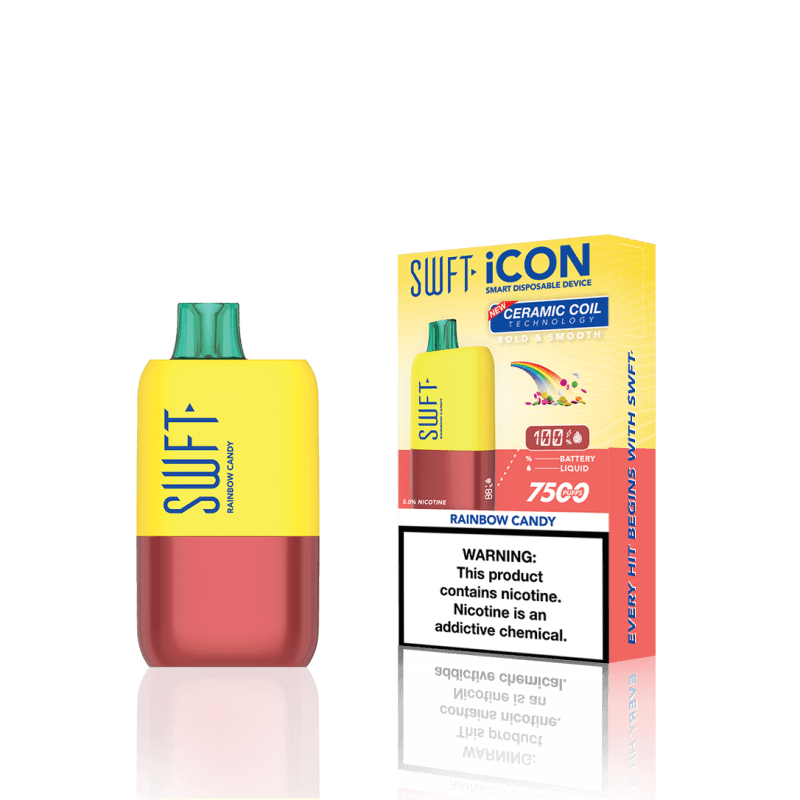 SWFT Icon 7k Disposable Vape in Rainbow Candy flavor with packaging, showcasing its sleek design and 7000 puffs capacity.