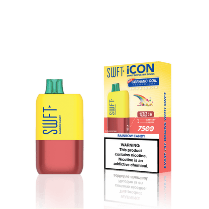 SWFT Icon 7k Disposable Vape in Rainbow Candy flavor with packaging, showcasing its sleek design and 7000 puffs capacity.