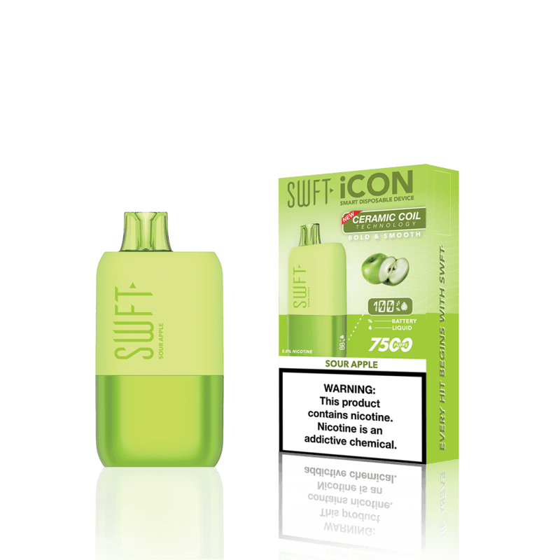 SWFT Icon 7k Disposable Vape in Sour Apple flavor with rechargeable design and ceramic coil.