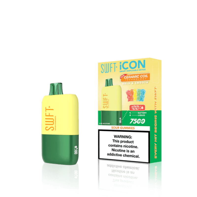SWFT Icon 7k Disposable Vape in Sour Gummies flavor with packaging, offering 7000 puffs and rechargeable convenience.