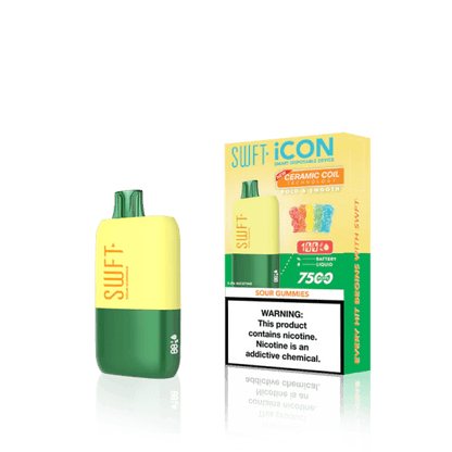 SWFT Icon 7k Disposable Vape in Sour Gummies flavor with packaging, offering 7000 puffs and rechargeable convenience.