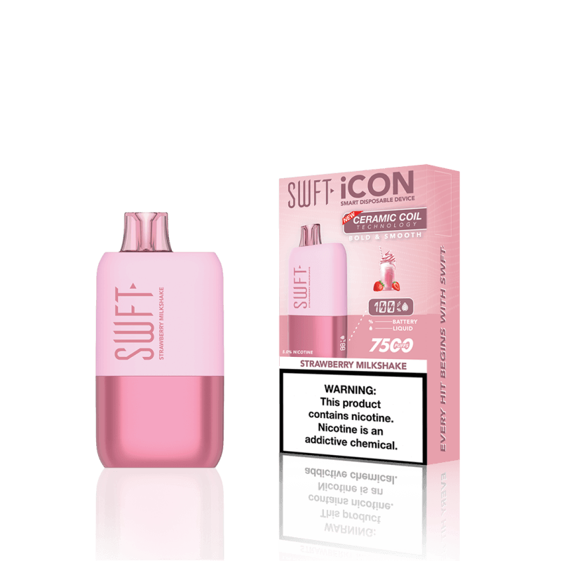 SWFT Icon 7k Disposable Vape in Strawberry Milkshake flavor with box packaging, offering 7000 puffs and rechargeable convenience.