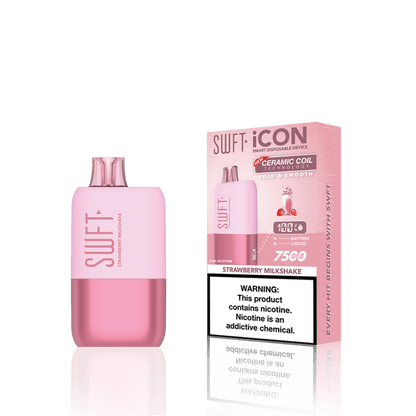 SWFT Icon 7k Disposable Vape in Strawberry Milkshake flavor with box packaging, offering 7000 puffs and rechargeable convenience.