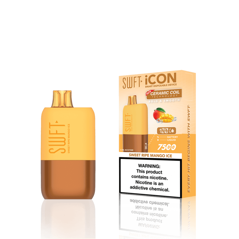 SWFT Icon 7k Disposable Vape in Sweet Ripe Mango Ice flavor, showcasing sleek design and ceramic coil technology.