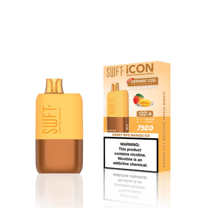 SWFT Icon 7k Disposable Vape in Sweet Ripe Mango Ice flavor, showcasing sleek design and ceramic coil technology.