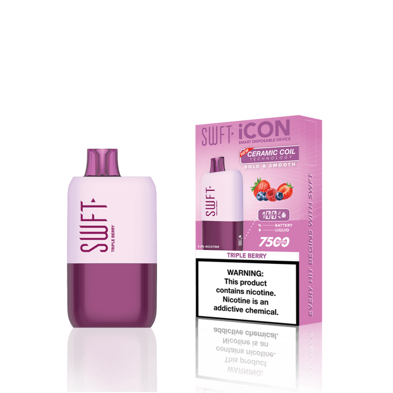 SWFT Icon 7k Disposable Vape in Triple Berry flavor with packaging, showcasing sleek design and rechargeable features.
