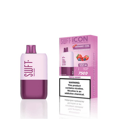 SWFT Icon 7k Disposable Vape in Triple Berry flavor with packaging, showcasing sleek design and rechargeable features.