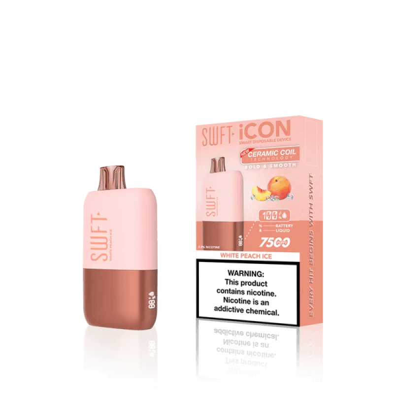 SWFT Icon 7k Disposable Vape in White Peach Ice flavor with sleek design and packaging.