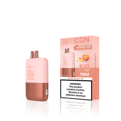 SWFT Icon 7k Disposable Vape in White Peach Ice flavor with sleek design and packaging.