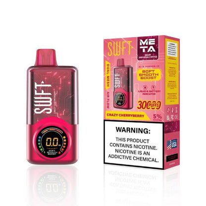 SWFT Meta 30k Disposable Vape in Crazy Cherryberry flavor with bright design, adjustable wattage, and warning label.