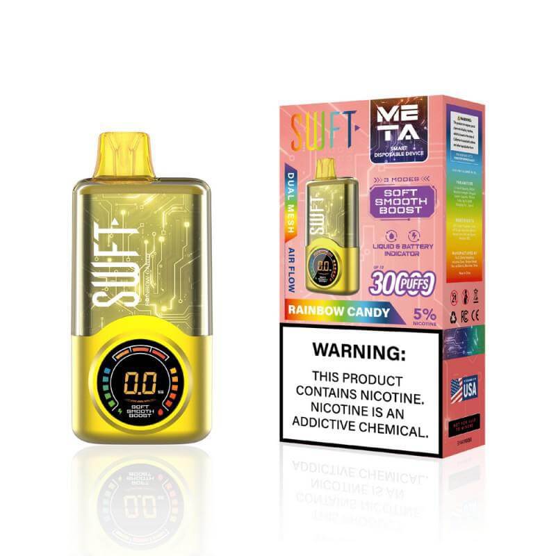 SWFT Meta 30k Disposable vape in Rainbow Candy flavor with adjustable wattage and 5% nicotine strength.