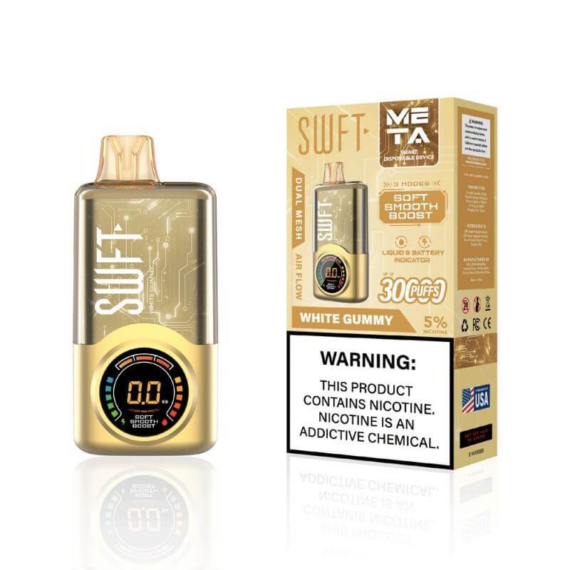 SWFT Meta 30k disposable vape device with adjustable wattage and White Gummy flavor packaging.