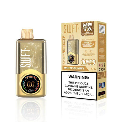 SWFT Meta 30k disposable vape device with adjustable wattage and White Gummy flavor packaging.
