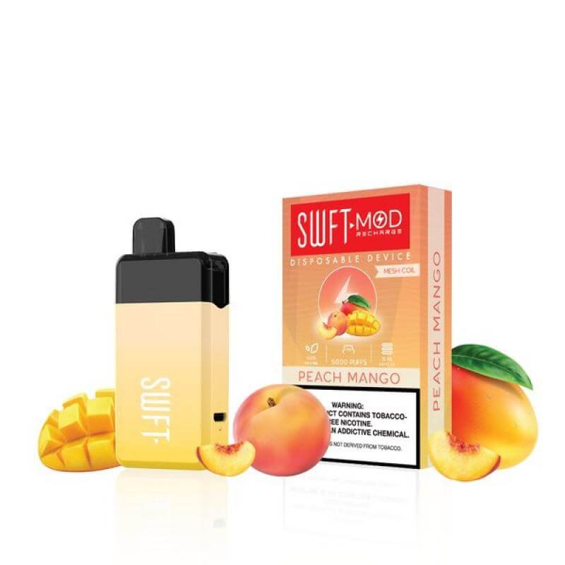 SWFT Mod 5k Disposable Vape in Peach Mango flavor with mango and peach fruits beside the device.