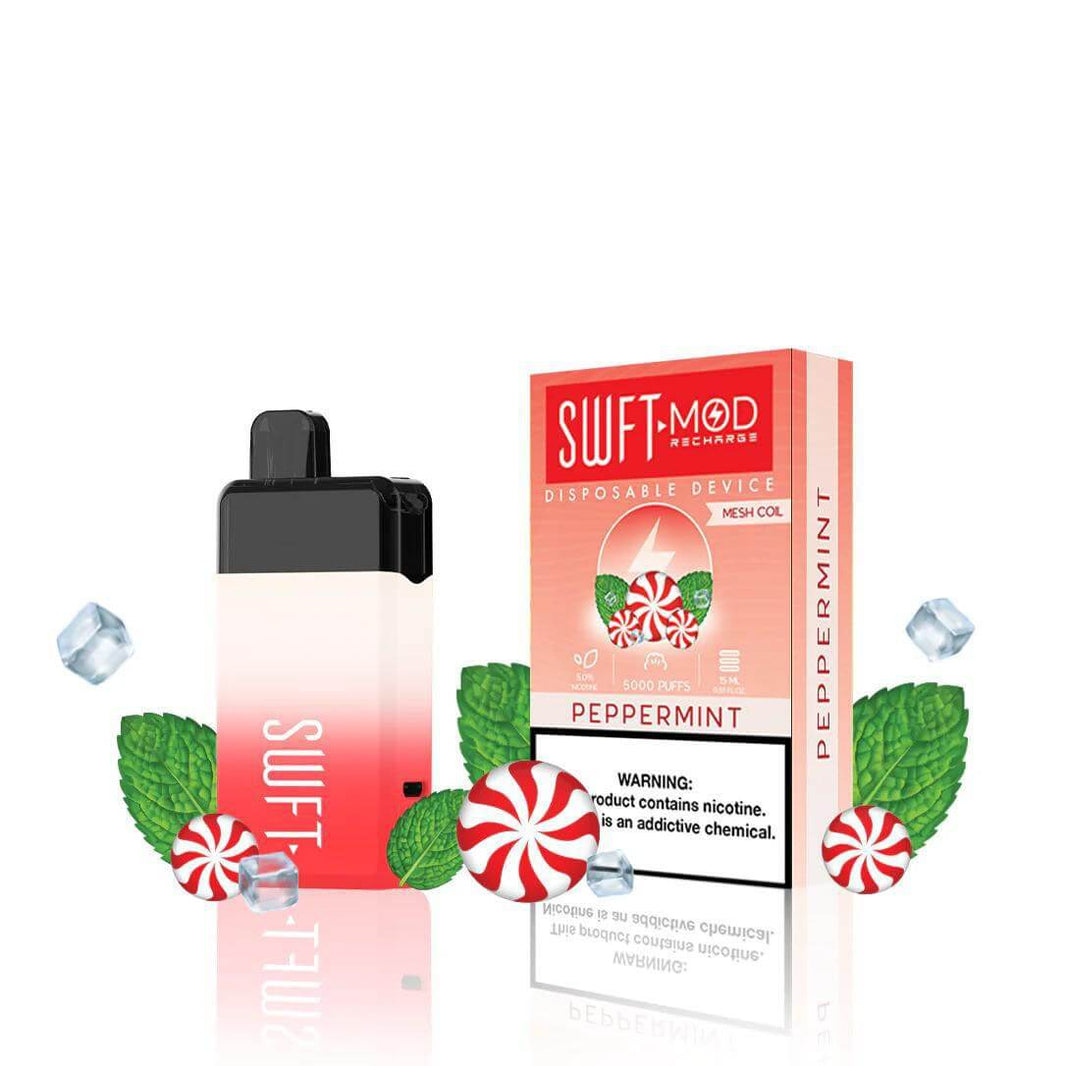 SWFT Mod 5k Disposable Vape Peppermint flavor with packaging, ice, and mint leaves for ultimate satisfaction.