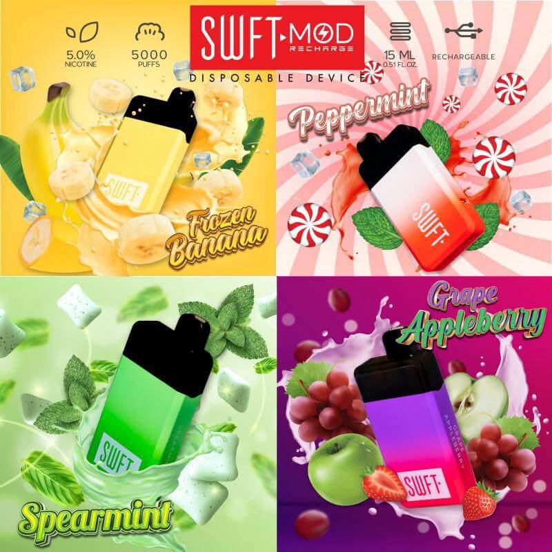 SWFT Mod 5k Disposable Vape featuring flavors: Frozen Banana, Peppermint, Spearmint, Grape Appleberry