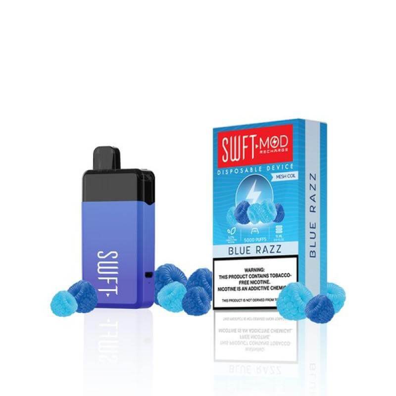 SWFT Mod 5k Disposable Vape in Blue Razz flavor with packaging and blue raspberry candies.