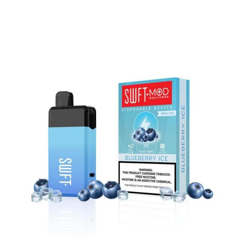SWFT Mod 5k Disposable Vape in Blueberry Ice flavor, showcasing the device and packaging with blueberries.