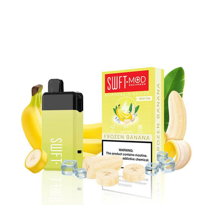 SWFT Mod 5k Disposable Vape in Frozen Banana flavor, featuring bananas and ice cubes for a refreshing vape experience.