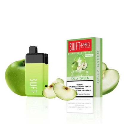 SWFT Mod 5k Disposable vape in Jolly Green flavor with green apples and box packaging, offering 5000 puffs.