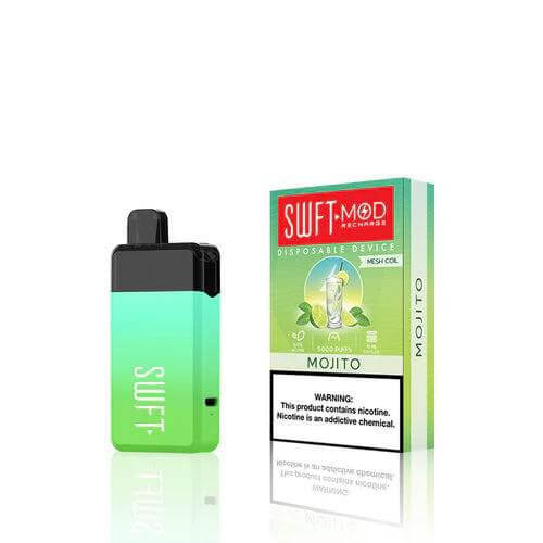 SWFT Mod 5k Disposable Vape in Mojito flavor with packaging showcasing 5000 puffs and warning label.