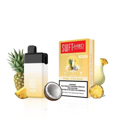 SWFT Mod 5k Disposable Vape with Pina Colada flavor, featuring pineapple and coconut images.