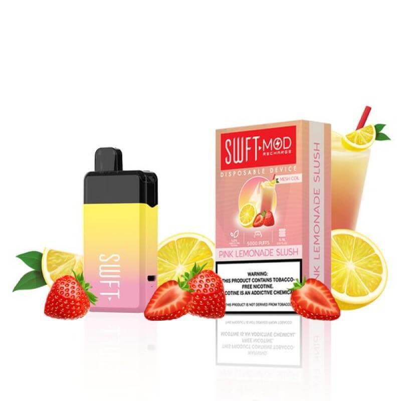 SWFT Mod 5k Disposable Vape with Pink Lemonade Slush flavor, strawberries, and lemons in vibrant packaging.