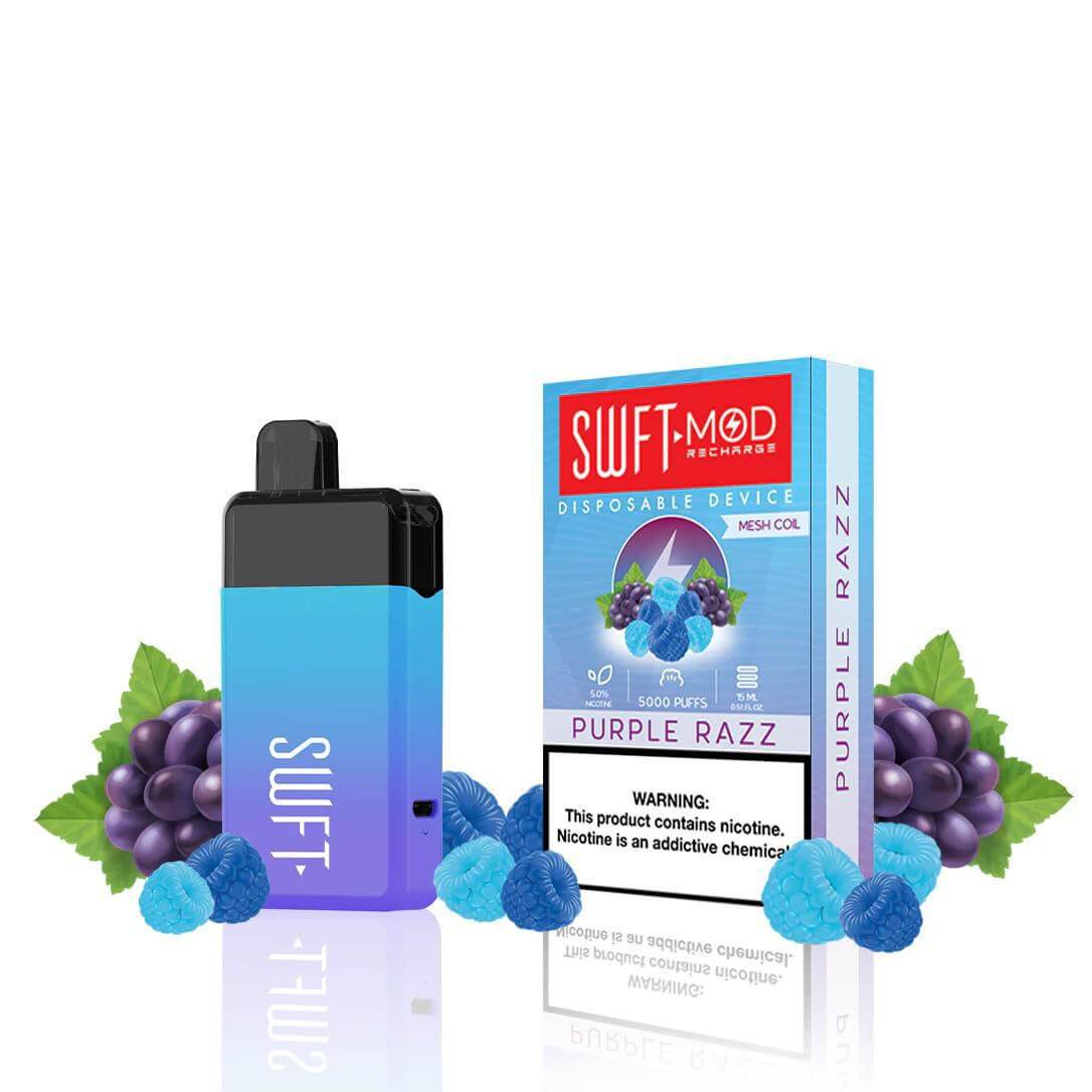 SWFT Mod 5k Disposable Vape in Purple Razz flavor, showcasing sleek design and fruit graphics.