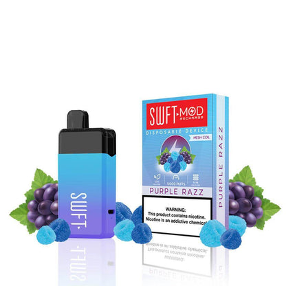 SWFT Mod 5k Disposable Vape in Purple Razz flavor, showcasing sleek design and fruit graphics.