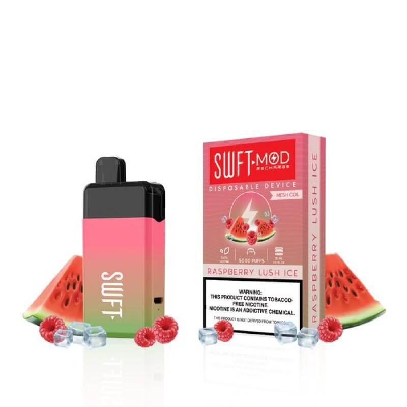 SWFT Mod 5k Disposable Vape Raspberry Lush Ice with watermelon and berries, rechargeable with 5000 puffs.