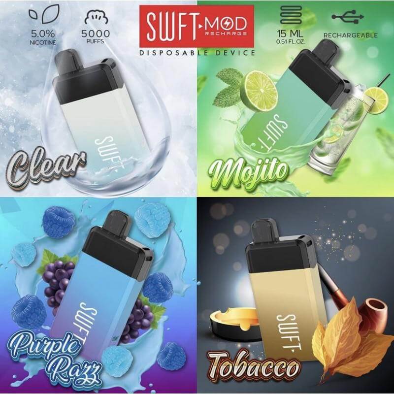 SWFT Mod 5k Disposable Vape featuring Clear, Mojito, Purple Razz, and Tobacco flavors with 5000 puffs.