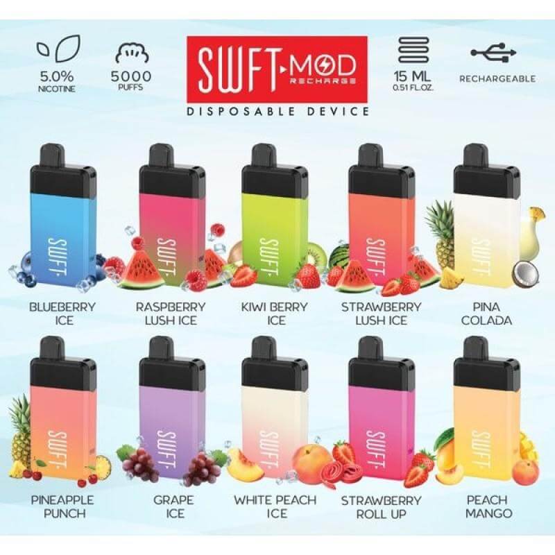 SWFT Mod 5k Disposable Vape flavors display with Blueberry, Raspberry Lush, Kiwi Berry, Strawberry Lush, Piña Colada, and more.