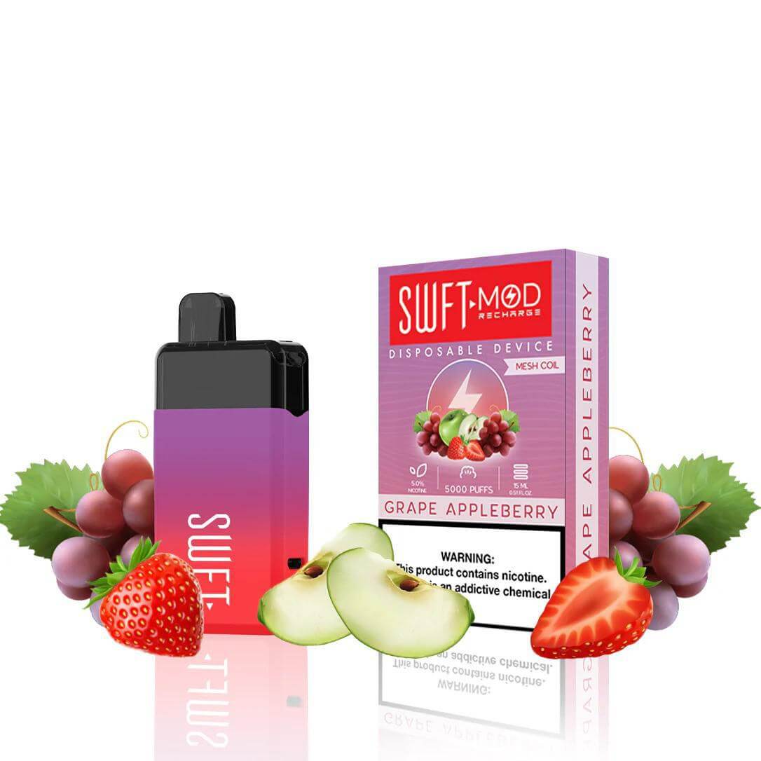 SWFT Mod 5k Disposable Vape with Grape Appleberry flavor, featuring vibrant fruits like strawberry and grape.
