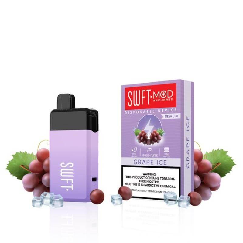 SWFT Mod 5k Disposable Vape in Grape Ice flavor with grapes and ice cubes, offering 5000 puffs of satisfying vaping.