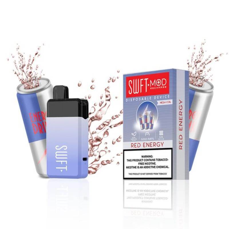 SWFT Mod 5k Disposable Vape with Red Energy flavor and energy drink splash background.