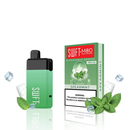 SWFT Mod 5k Disposable Vape in Spearmint flavor with mint leaves and frost, offering 5000 puffs of satisfaction.