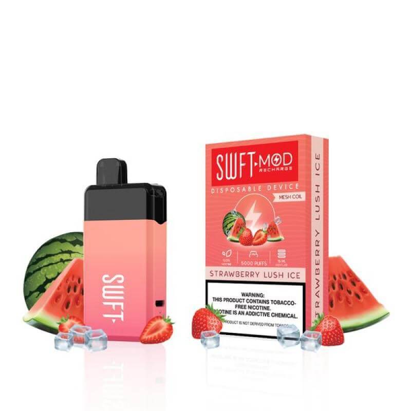 SWFT Mod 5k Disposable Vape with Strawberry Lush Ice flavor and watermelon slices on display.