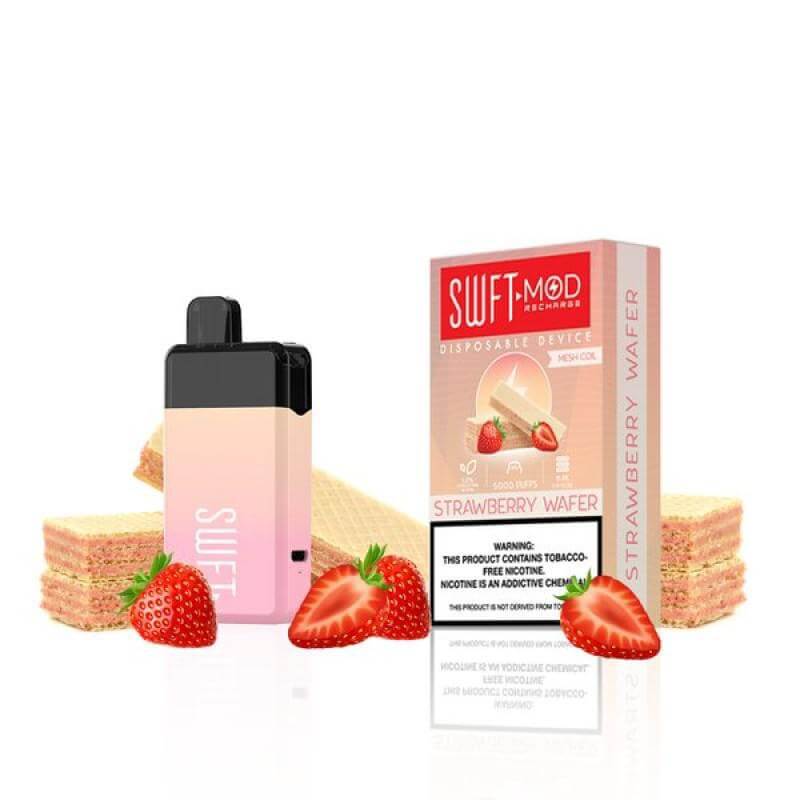SWFT Mod 5k Disposable Vape in Strawberry Wafer flavor with strawberries and wafer cookies.