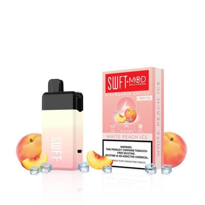 SWFT Mod 5k Disposable Vape in White Peach Ice flavor, featuring peaches and ice cubes.