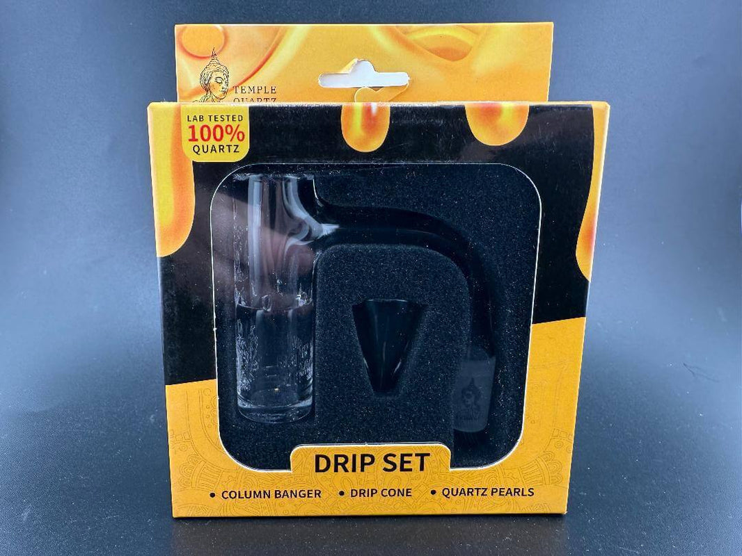 Temple Quartz Drip Set Quartz Banger 14mm 90° in a stylish packaging, showcasing quality quartz dab accessories.