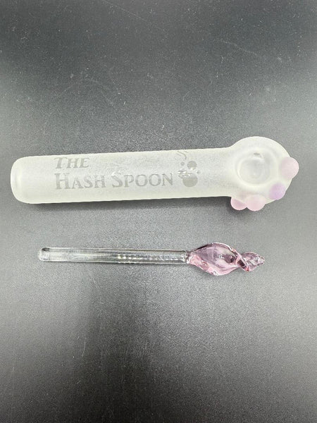 Artisan glass pipe set featuring The Hash Spoon and elegant pink detail wand for smoking enthusiasts.
